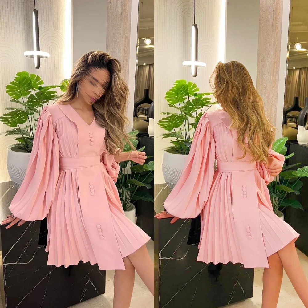 Personalizado simples decote em v linha a na altura do joelho vestidos de baile drapeado chiffon vestido de ocasião formal jazساتatuur örtkus