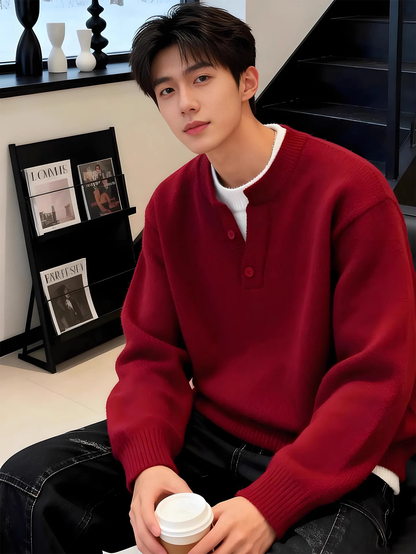 

Red Henry Collar Knitwear Men's Winter Year Inner Wear round Neck Loose Fit Casual Style Warm Thermal Base Layer Top