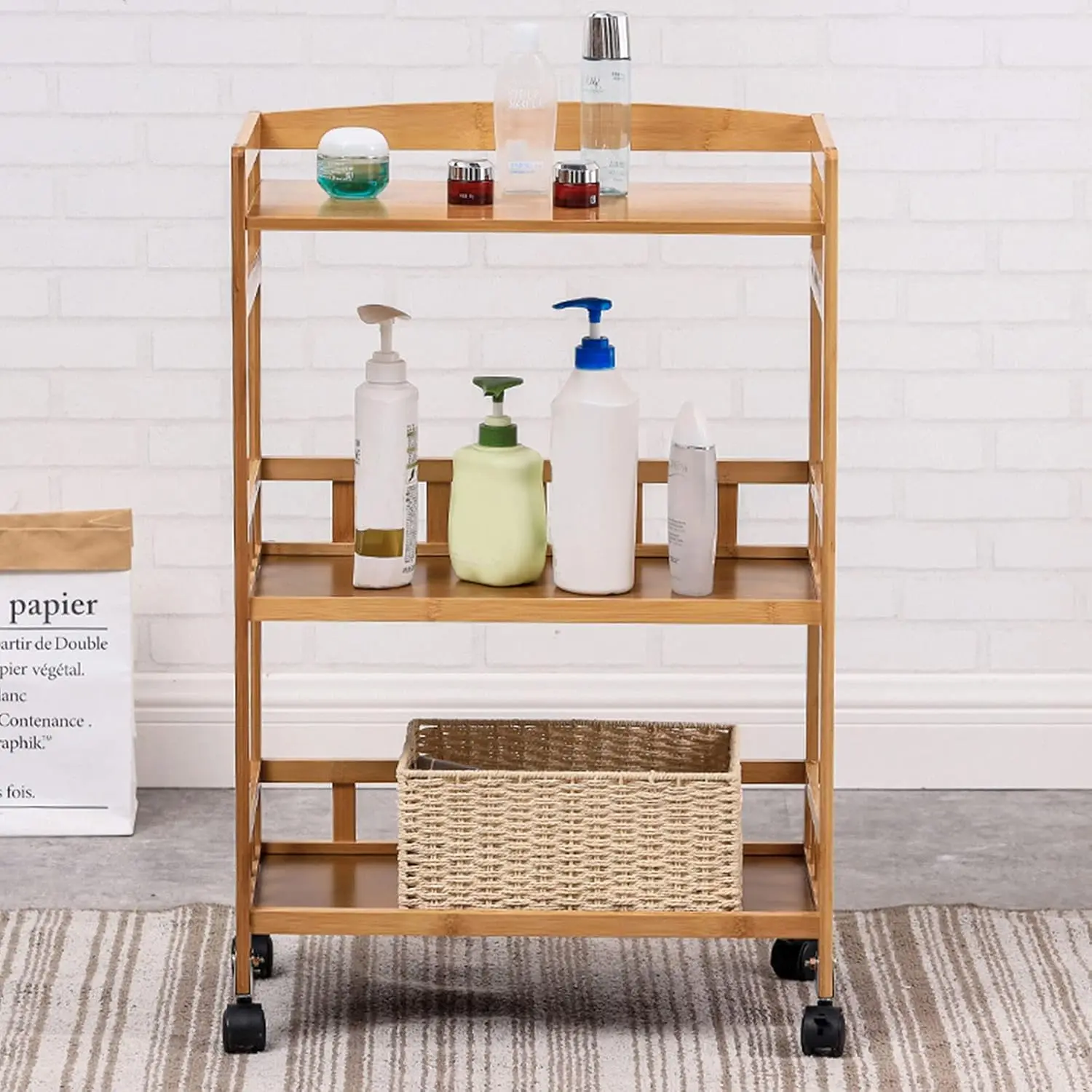 3-Tier Rolling Home Bar Serving Cart Mobile Kitchen Serving Trolley Cart with Removable Trays Bamboo Wine Rack with Wheels Bar Dining Room Tea Wine Holder Serving Cart Furniture