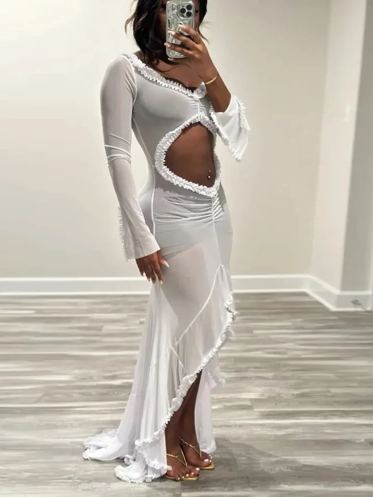 

Macheda Sexy See Through Dress Low-Neck Hollow Full Sleeve Ruched Ruffles Splits Hem Vacation Beach Party Elegant Long Bodycon