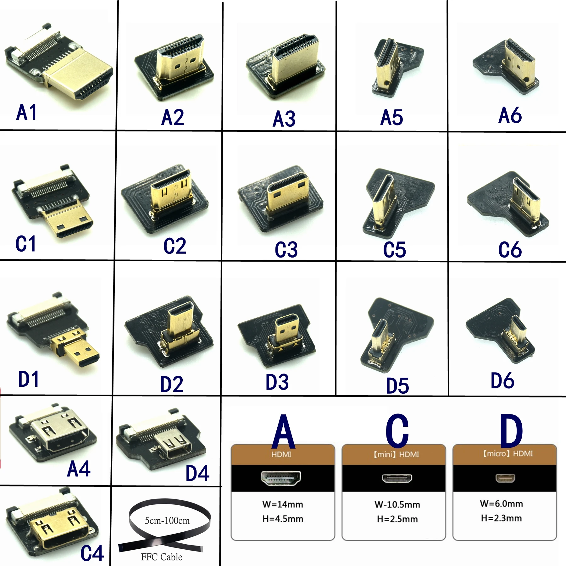 HDMI FPV HDMI Ffc HDMI ริบบิ้นสาย90องศา Mini/Micro HDMI มาตรฐาน HDMI PCB Connector 20pin Fpv Micro Hdmi 5ซม.