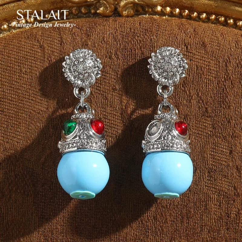 

Vintage Sea Blue Natural Stone Drop Earrings Glass Colorful Rhinestones Pendant High Quality Luxury Dubai Jewelry Wedding 2026