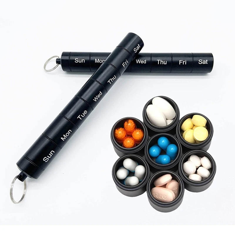 Metal Pill Box 7-Day Weekly Pill Dispenser Portable Waterproof Storage Container With Key Chain Outdoor Travel Pill Dispenser