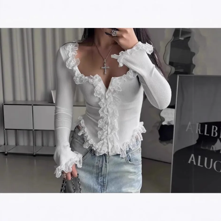 Knitted Top Women Pullover Knitting T Shirt Slim Sexy Lace Ruffles Jumper Tops Autumn Winter 2025 Casual Office Lady Knitwear - Image 4