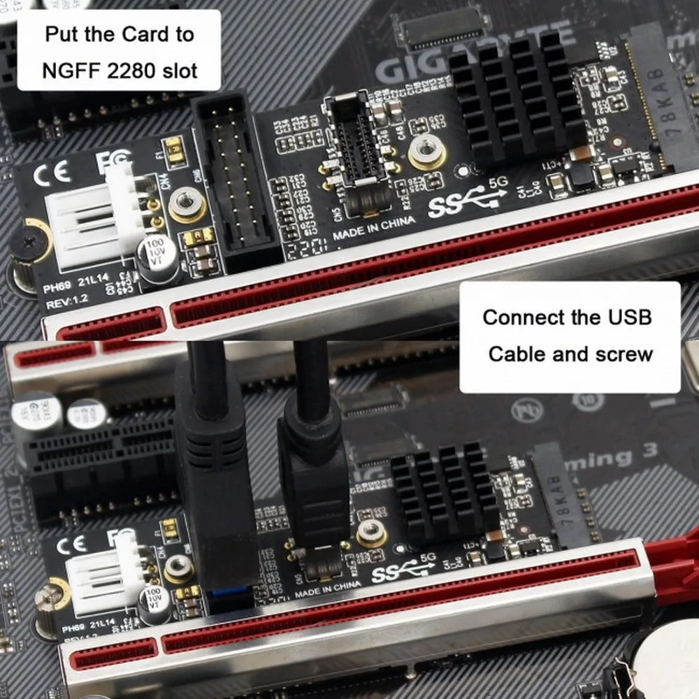 M.2 PCIe to USB Converter Adapter Expansion Card TYPE E+19/20PIN M.2 NVMe M-Key To USB3.1 5Gbps Front Panel Socket