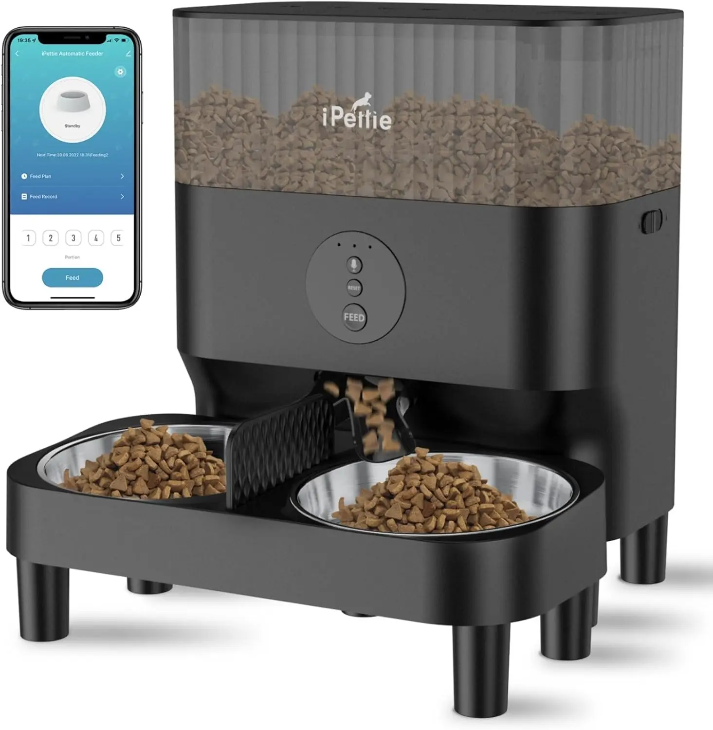 

Automatic WiFi Pet Feeder for 2 Pets, 5L Capacity, Adjustable Bowls, App Control for Cats and Small Dogs