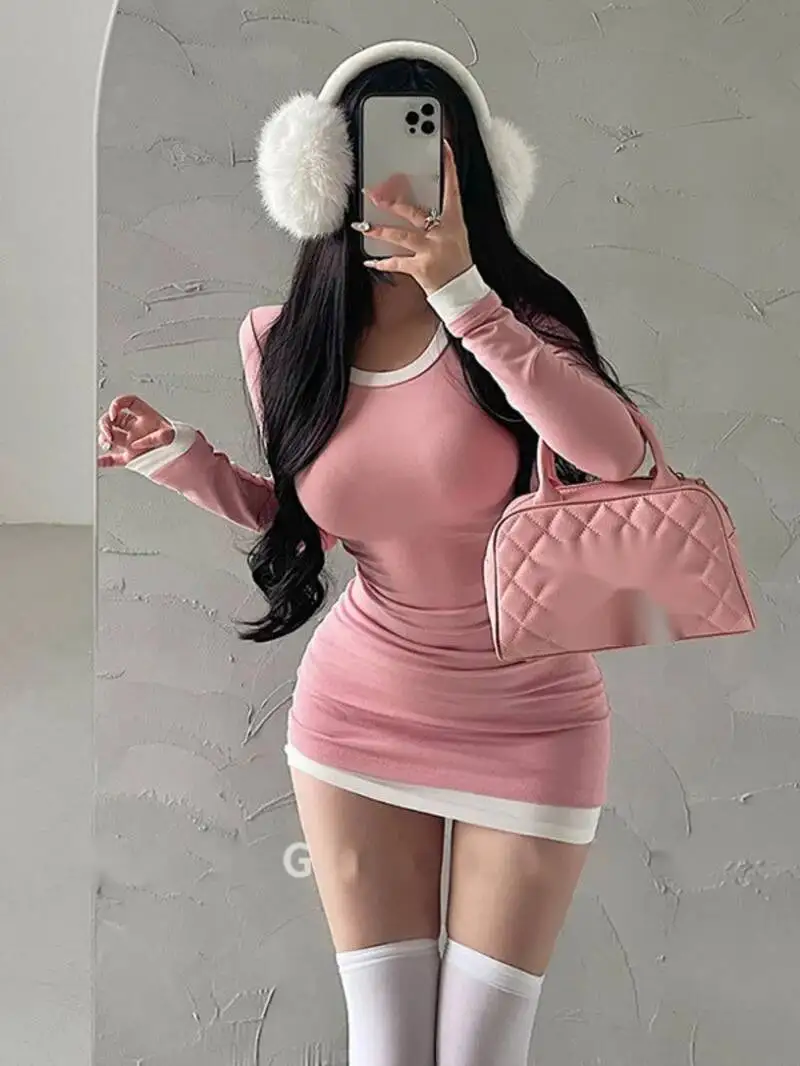 الرغبة النقية مثير ضيق نحيل الجولة الرقبة قاعدة فستان بكم طويل فستان قصير قصير أنيق الخريف موضة الكورية النساء بلايز 4J8Q