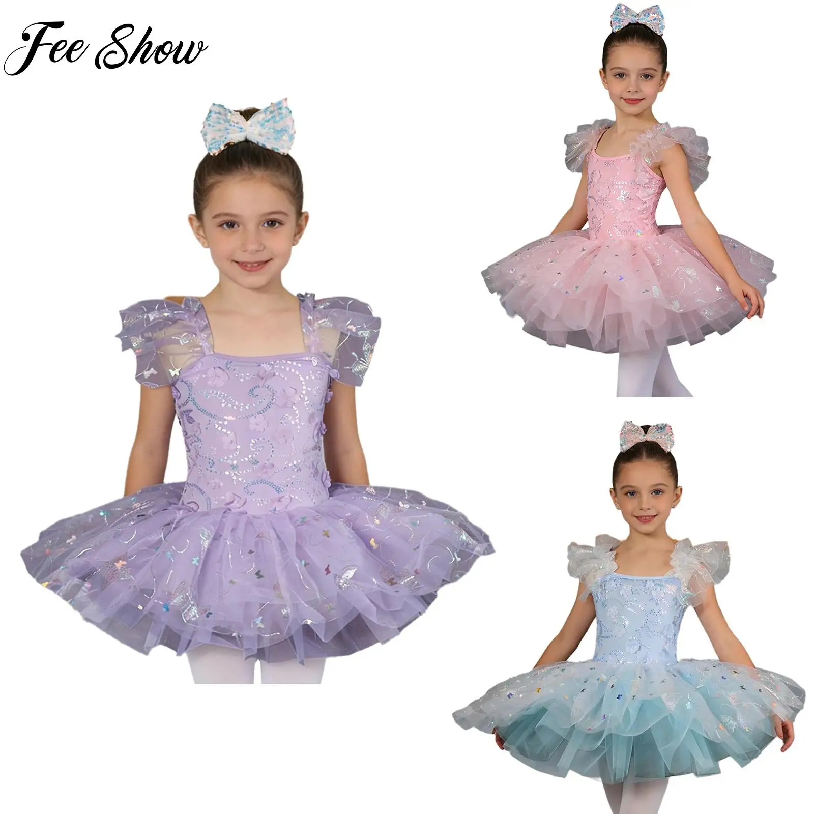 

Kids Girls Ballet Dance Performance Outfit Ruffle Flower Sequin Bodice Sparkly Tulle Tutu Dress with Bow Ballerina Dancewear Set