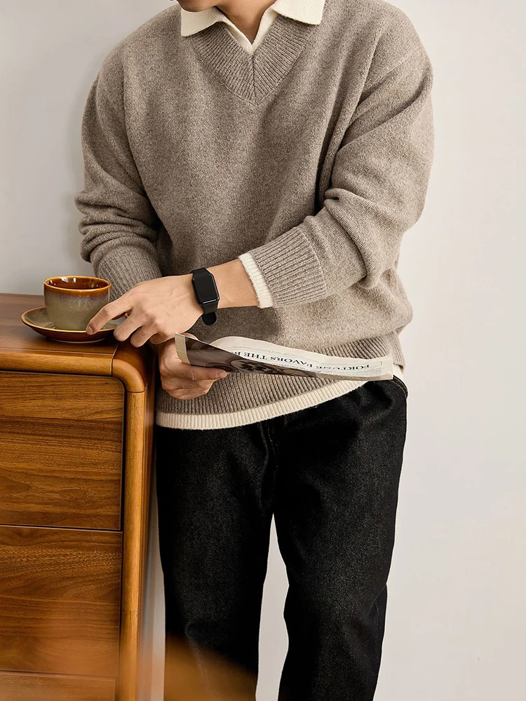 في الهواء الطلق عادية رجالي المرقعة سترة قمصان بولو الحياكة بدوره إلى أسفل طوق كم طويل البلوز القمم الرجال الخريف Vintage البلوزات #5