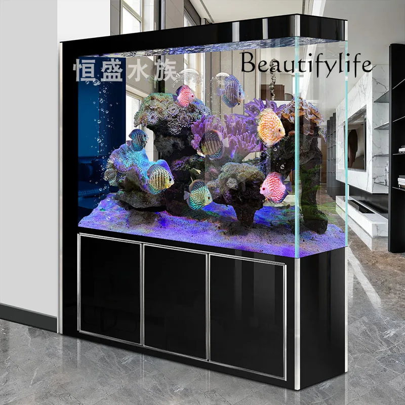 Ultra-white glass fish tank living room large ecological water-free household screen partition aquarium bottom filter
