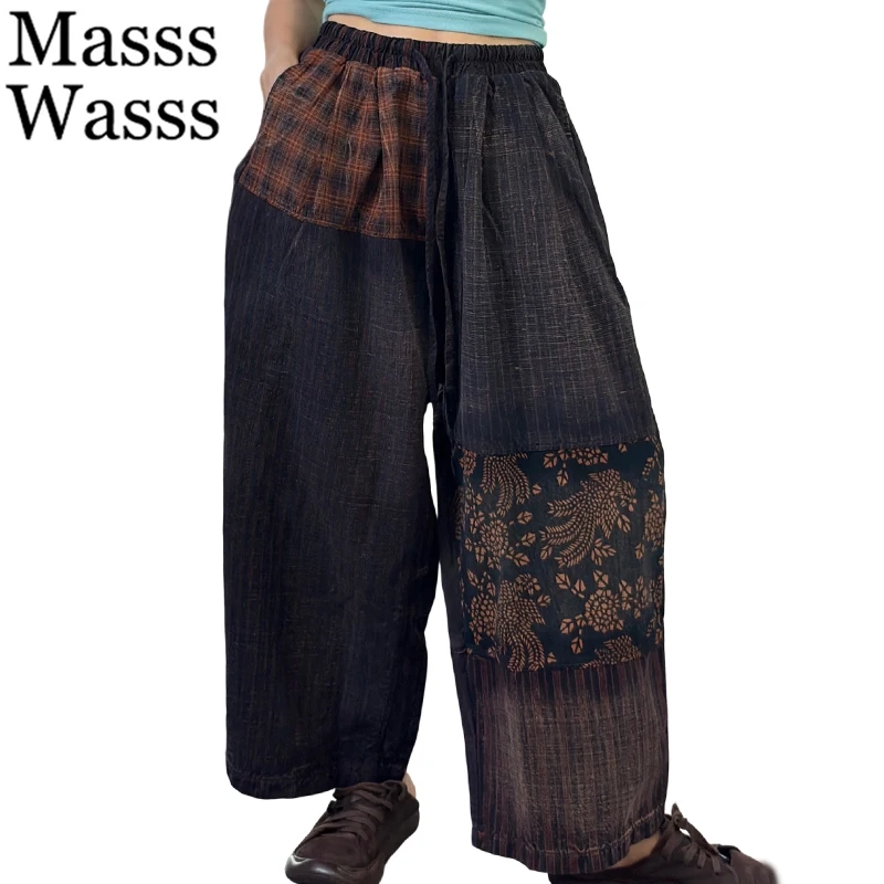 

Mass Wasss Европейская мода Классические свободные брюки Женские винтажные лоскутные хлопковые льняные брюки Женская весенняя одежда для отдыха