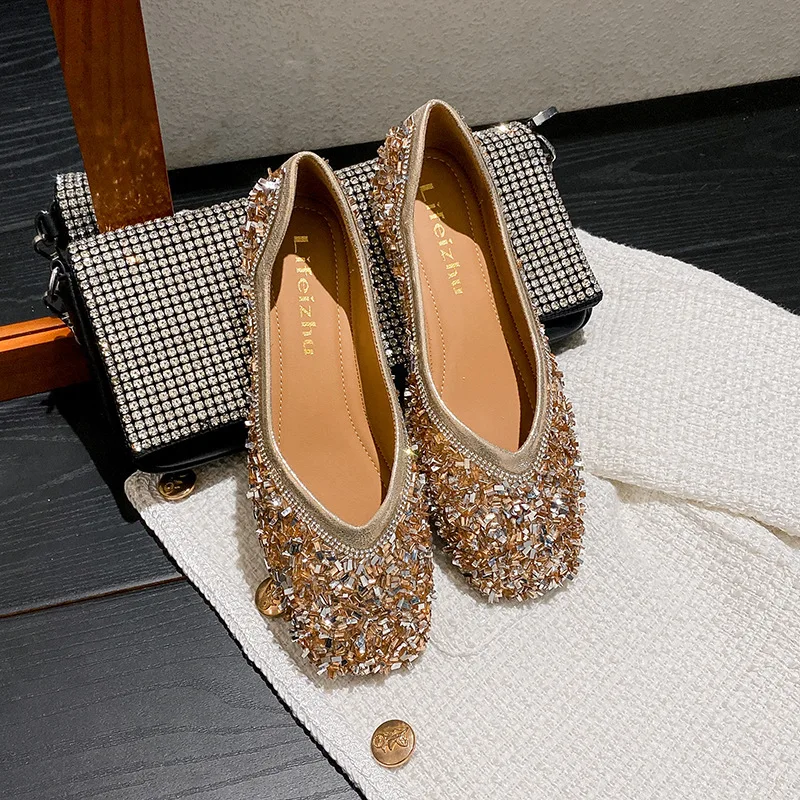 Zapatos planos con cuentas de cristal y punta cuadrada para mujer, mocasines sin cordones con aumento de altura, bailarinas con purpurina plateada, mulas para mujer, talla grande 43