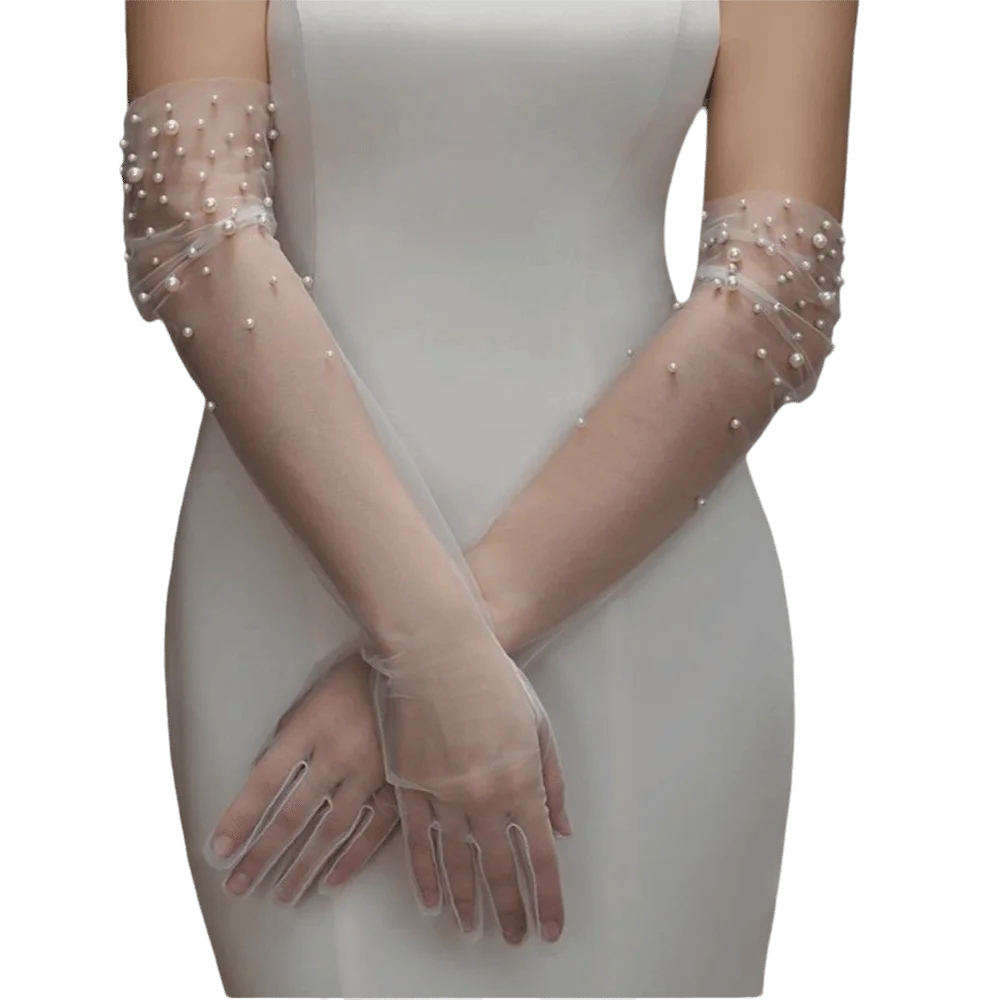 

Роскошные длинные женские свадебные перчатки, тюлевые прозрачные перчатки с жемчугом, элегантные перчатки ручной работы с бисером, оперные перчатки для ужина