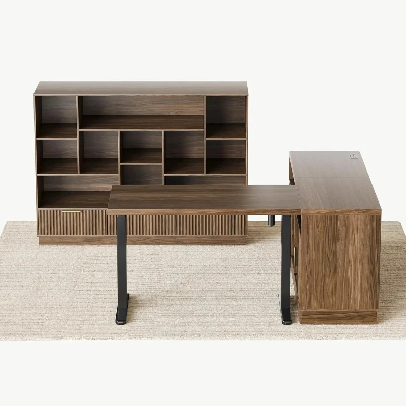 

Home Office Furniture Set, 67'' Standing Desk with 44'' Bookshelf, Electric Height Adjustable Desk with 2 File