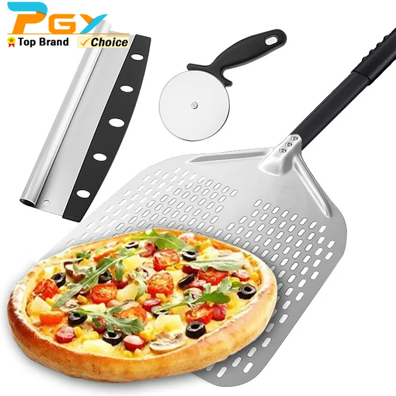 12/14 inch Non-Stick Perforated Pizza Peel with Pizza Cutter Restaurant Grade Aluminum Metal Pizza Turning Peel for Outdoor Oven