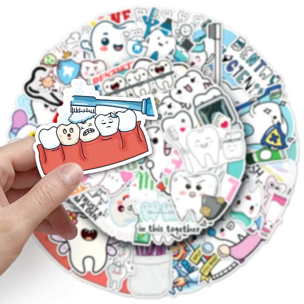 50 Uds. De pegatinas de dientes bonitas para dentista de dibujos animados para proteger los dientes, Graffiti impermeable para niños, papelería para ordenador portátil, equipaje y teléfono