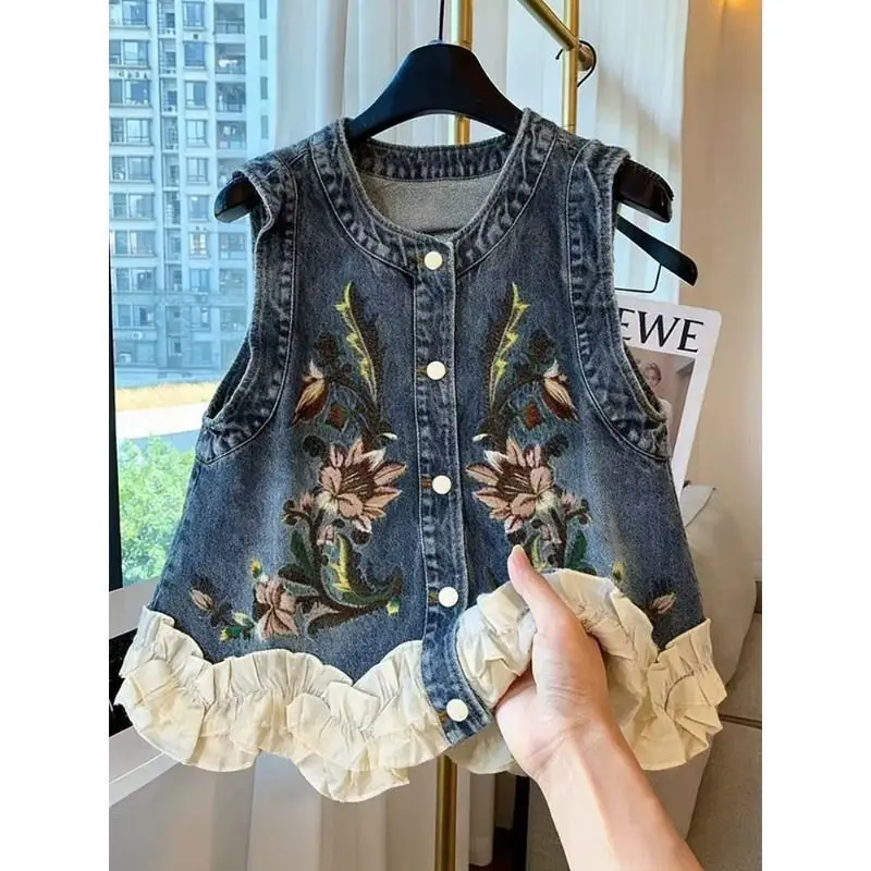 Women Elegant Retro Embroidered Denim Vest Ladies O Neck Fungus Edge Single-breasted Plant Floral Top Female Sleeveless Jacket