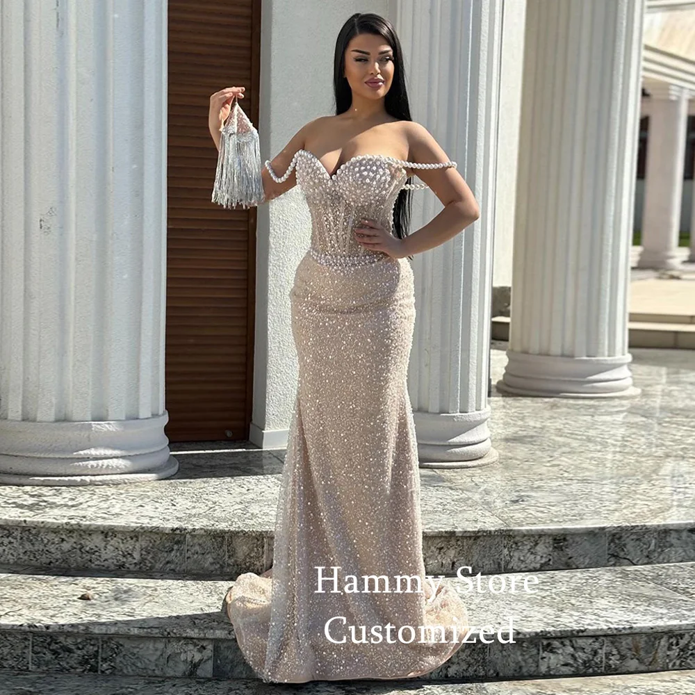 Champagne Mermaid Evening Dress Customized Sexy Pearls Off Shoulder Sweetheart See Through Arabian Sparkling Prom Party Gown