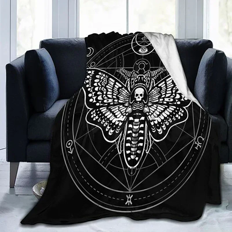 Throw Blanket for Kid Teen Adult Black Skull Moth Dead Head Mystical Circle Esoteric Wildlife Cult Occult Alchemy Ancient