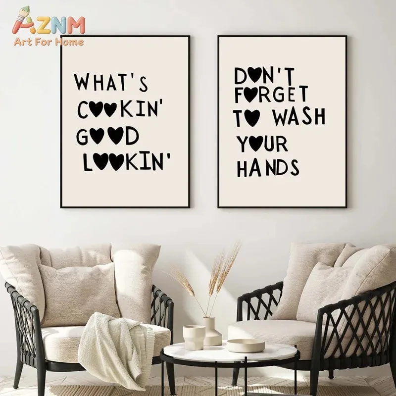 AZNM La Cocina Kitchen Inspirational Quote Typography Wall Art Minimalist Heart Aesthetic Funny Cooking Phrase Canvas Painting U