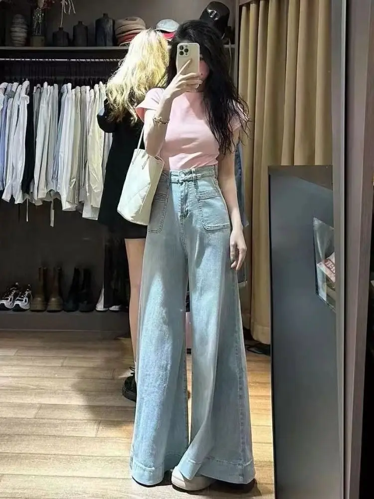 Casual Wide Leg Denim Pants ,Women Clothing ,2024 New ,Spring Autumn High Waisted commuting straight leg Pants ,Cowboy Trousers