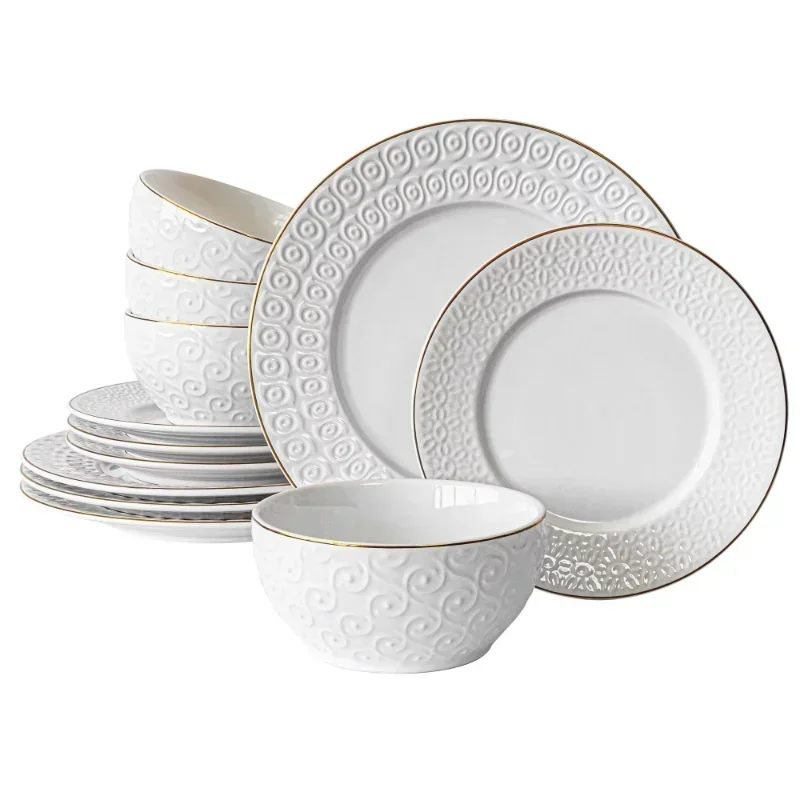 

Sofia Home 12 Piece Embossed White Stoneware Dinnerware Set by Sofia Vergara