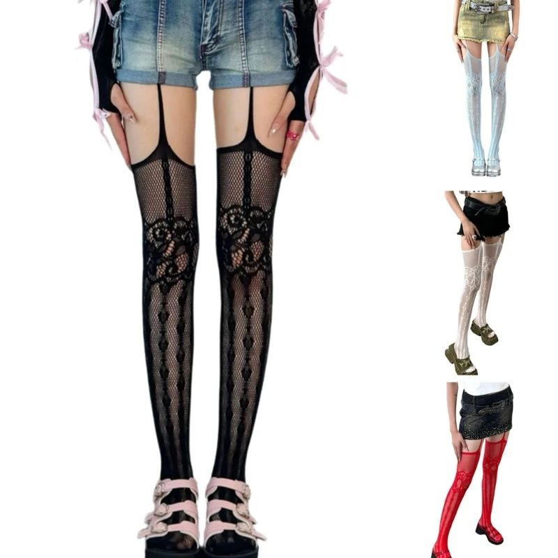 

Women Hollowed Fishnet Garter Belt Pantyhose Subculture Punk Heart Patterned Sheer Thigh High Stockings Suspender Tights