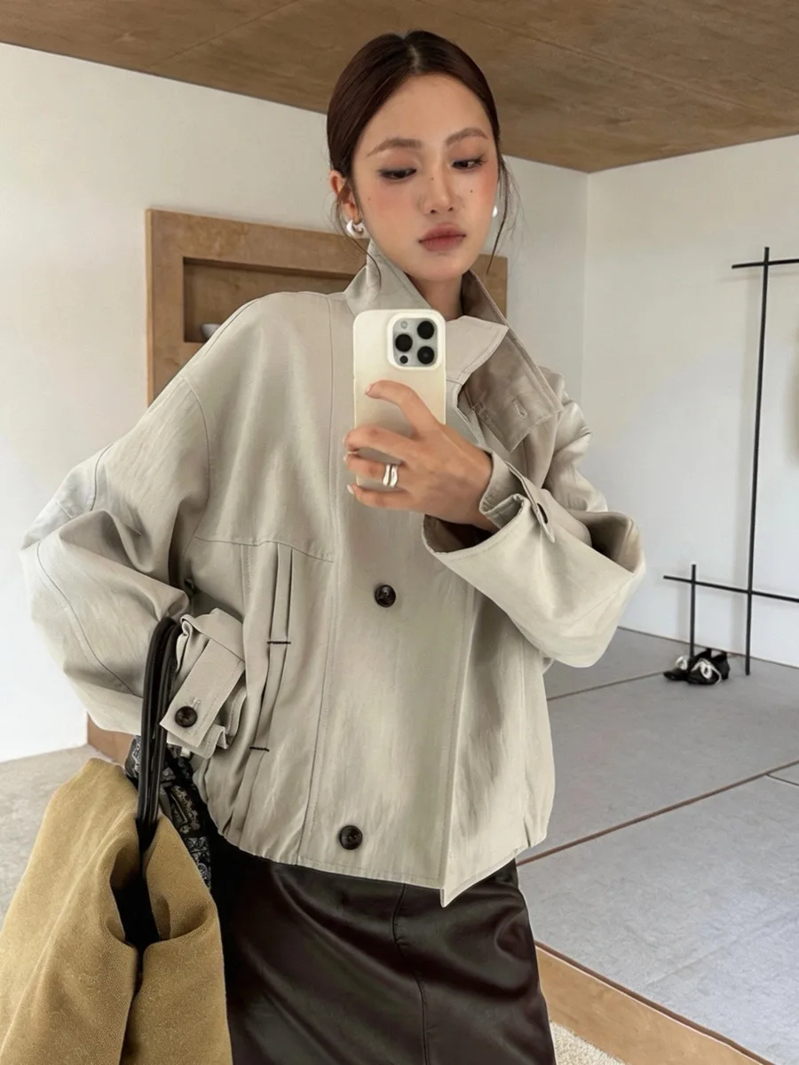 DFDG Women 2026 Autumn Oversized Drop Shoulder Double Breasted Stand Collar Cropped Jacket Loose Casual Street Outerwear Coat