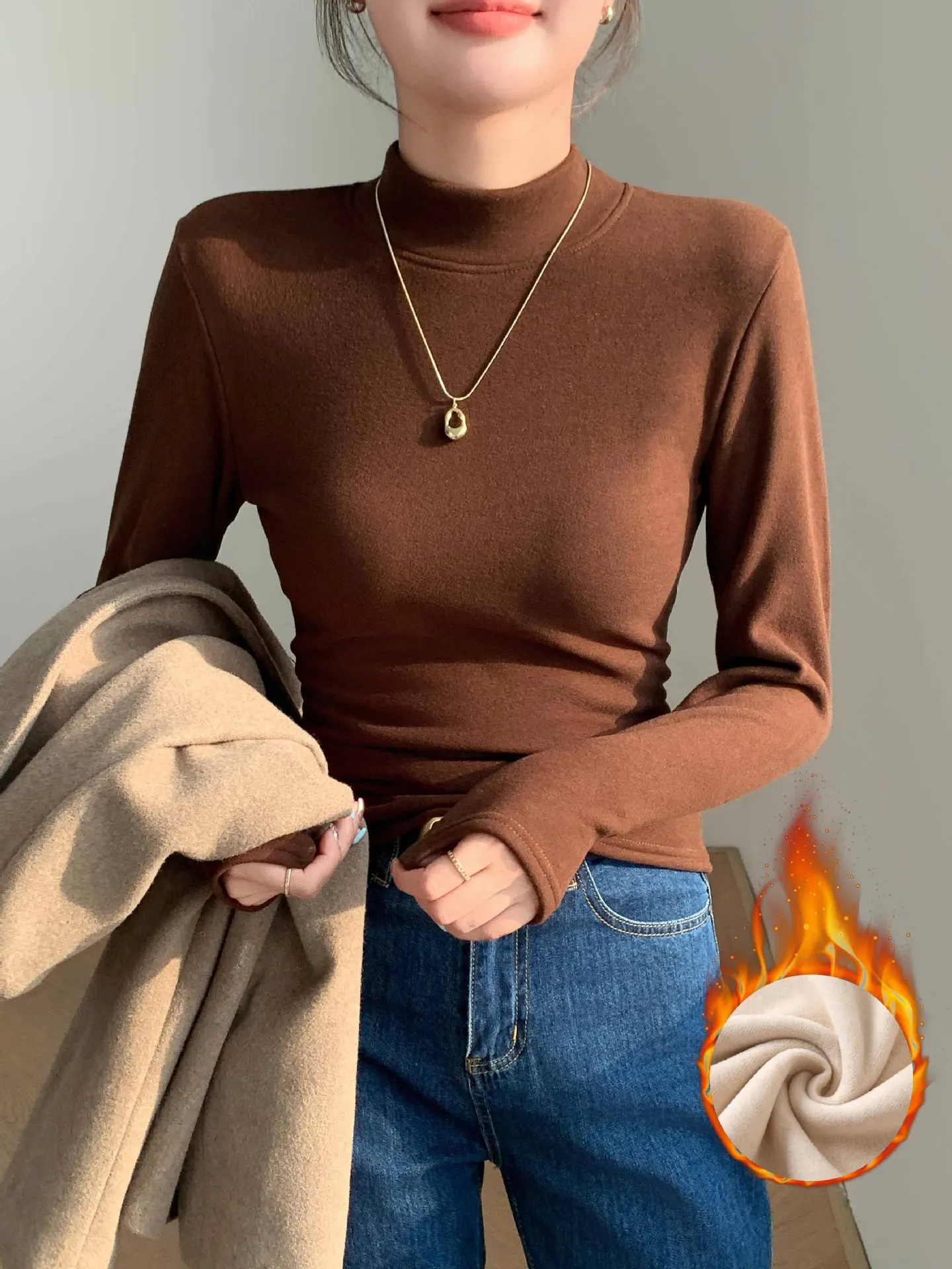 T shirt women 2026 fashion semi-high-neck thick fleece fitted warm solid color long-sleeved top autumn tshirt women's clothing