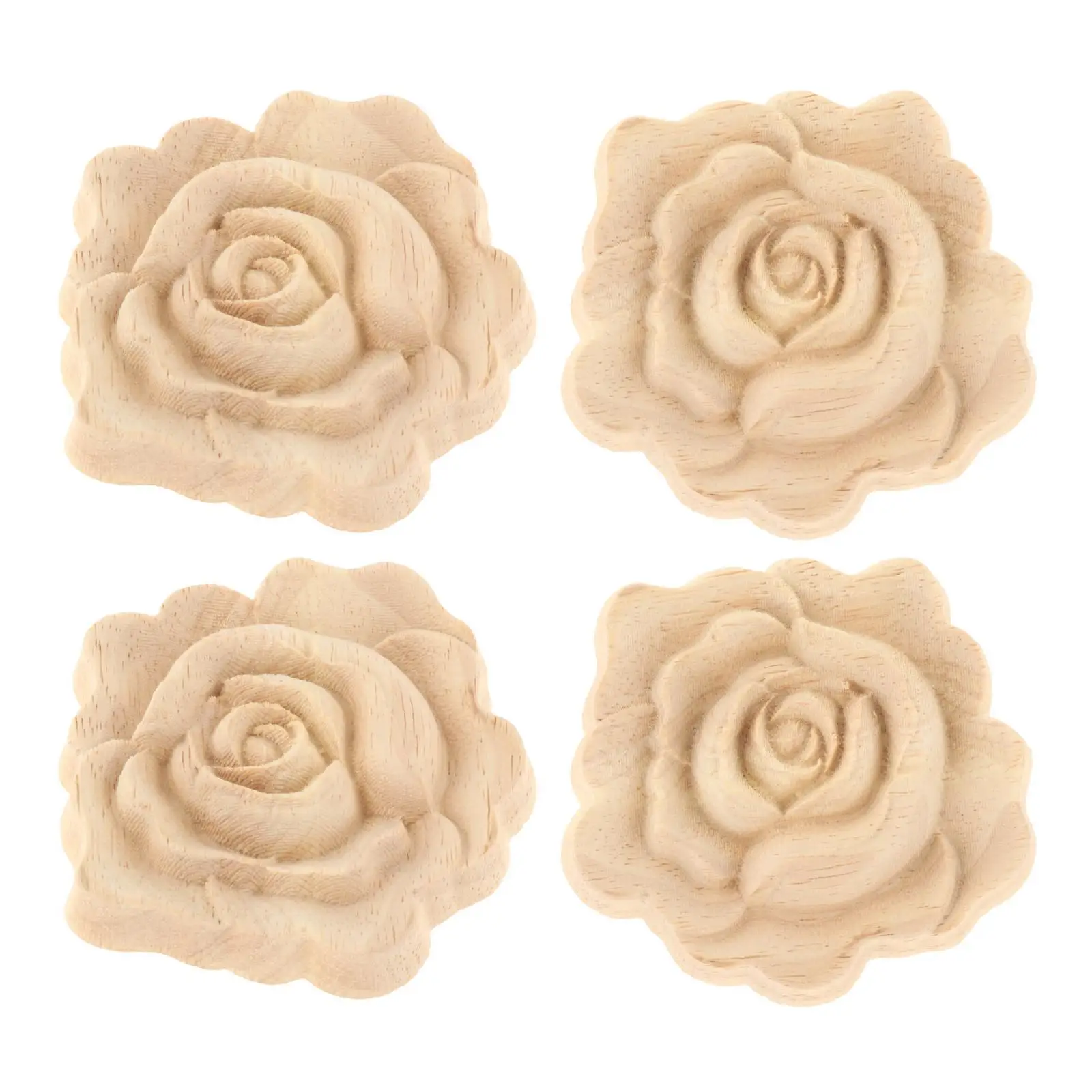 Natural Wood Carving Decal Rose Flower Unpainted Appliques for Furniture Cabinet Door Window Wall Decoration