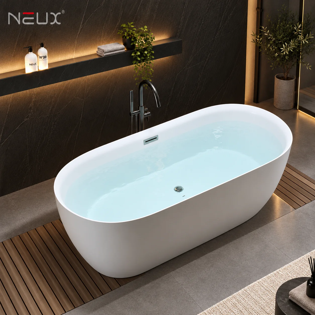 Glossy White Free Standing Acrylic Bathtub Boat Shape For Soaking Comfortable And Stylish