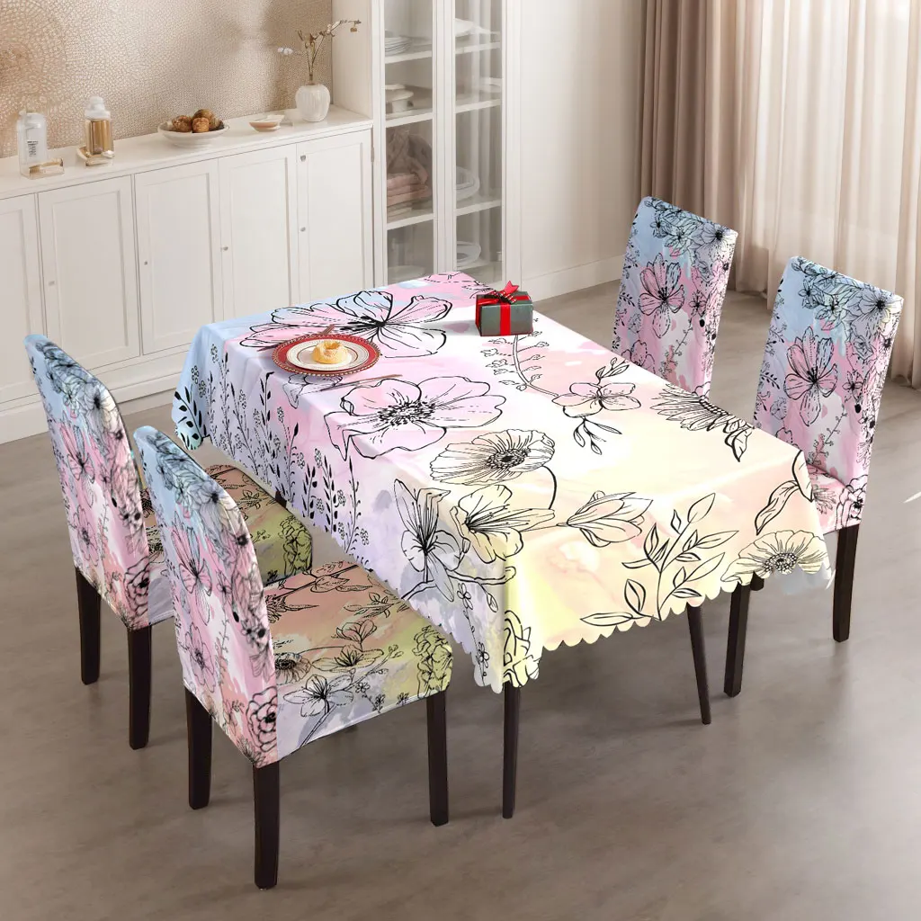 

5/7pcs Minimalist Floral Print Tablecloth Elastic Chair Slipcovers Kitchen Dining Room Decor