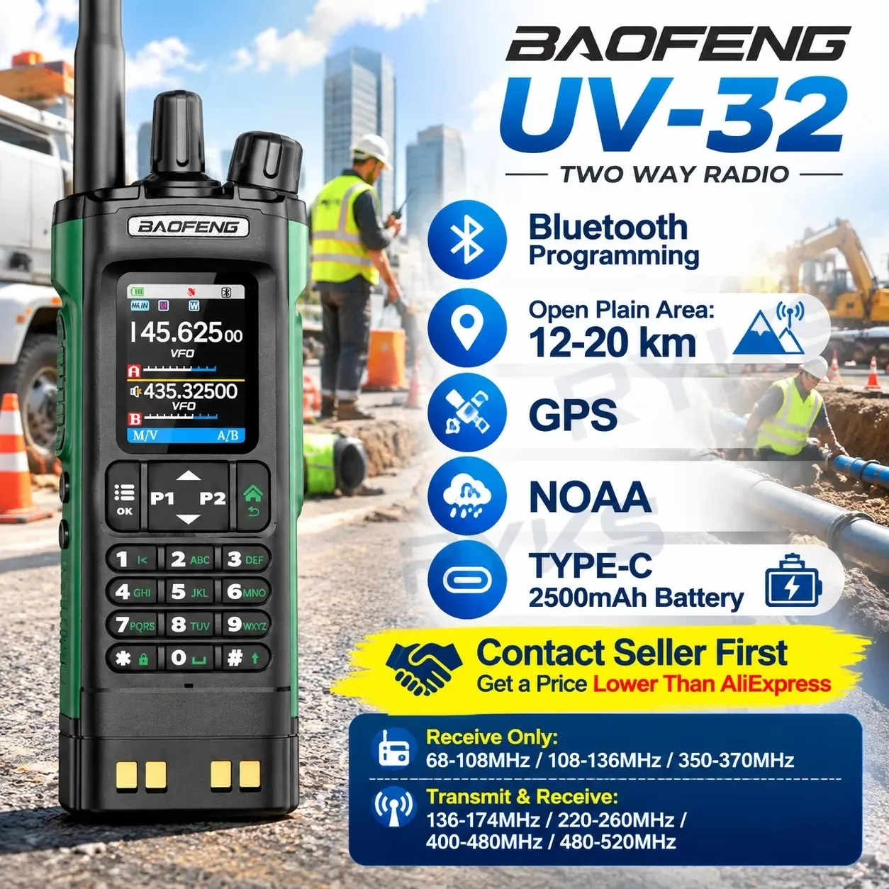 BAOFENG UV-32 FCC CE Certified Two Way Radio Bluetooth Programming GPS Air Band Type-C Charging Dual Band Walkie Talkie For Outd