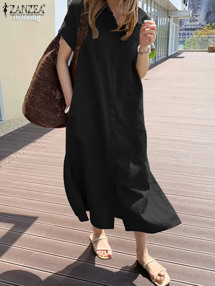 Oversize Women Summer Sundress ZANZEA 2025 Elegant Solid Shirt Dress Casual Short Sleeve Midi Vestdos Female Lapel Button Robe