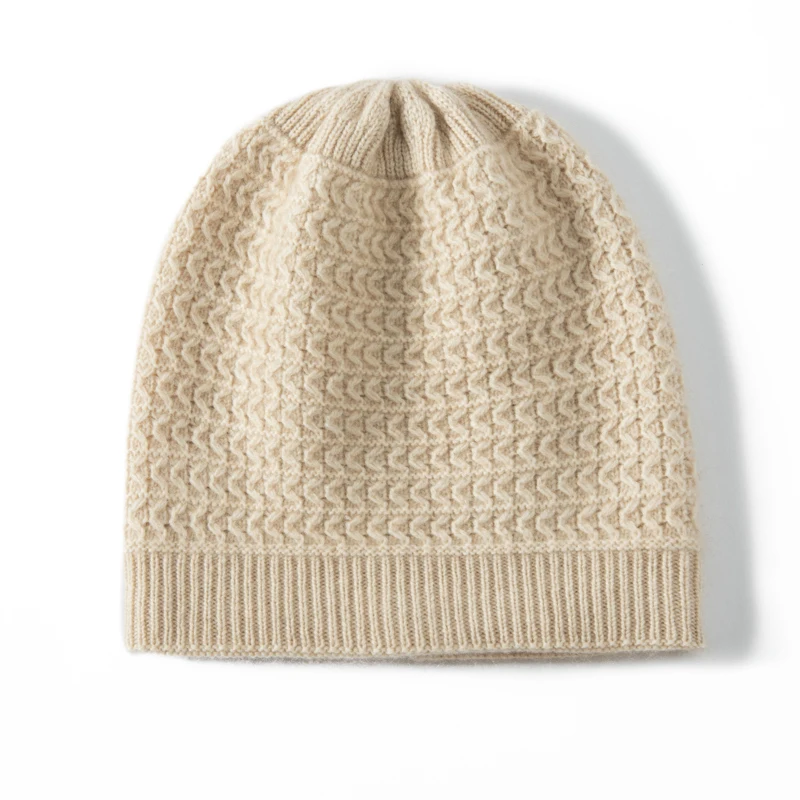 KOIJINSKY Women Autumn Winter 35% Cashmere 65% Merino Wool Knitted Beanie Hat Wave Grid Textured Elastic Slouchy Warm Windproof