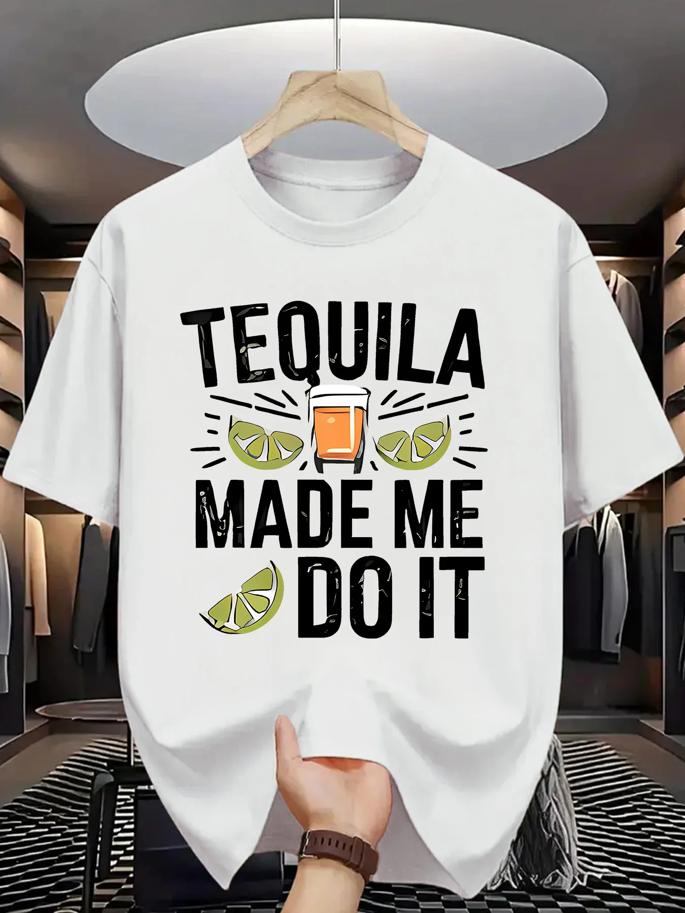 Tequila Made Me Do It Mens Crew Neck T Shirt Lime Slice Cocktail Funny Text Graphic Short Sleeve Tee Casual Male Street Tops