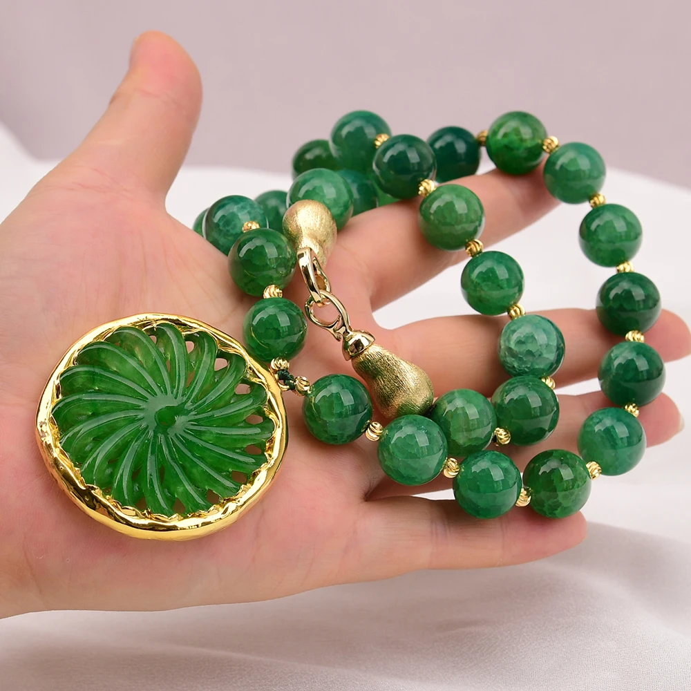 

Ожерелье G-G 21'' из натурального зеленого огненного агата, круглый камень, подвеска из зеленого нефрита, ручная работа, ювелирные изделия для женщин