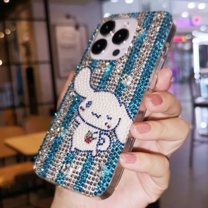 Cartoon Rhinestone Phone Case, Jewelry, Handmade Sanrio for iPhone 15 Pro Max, Anime 14, Striped 11, 12, Drop-Resistant, 13