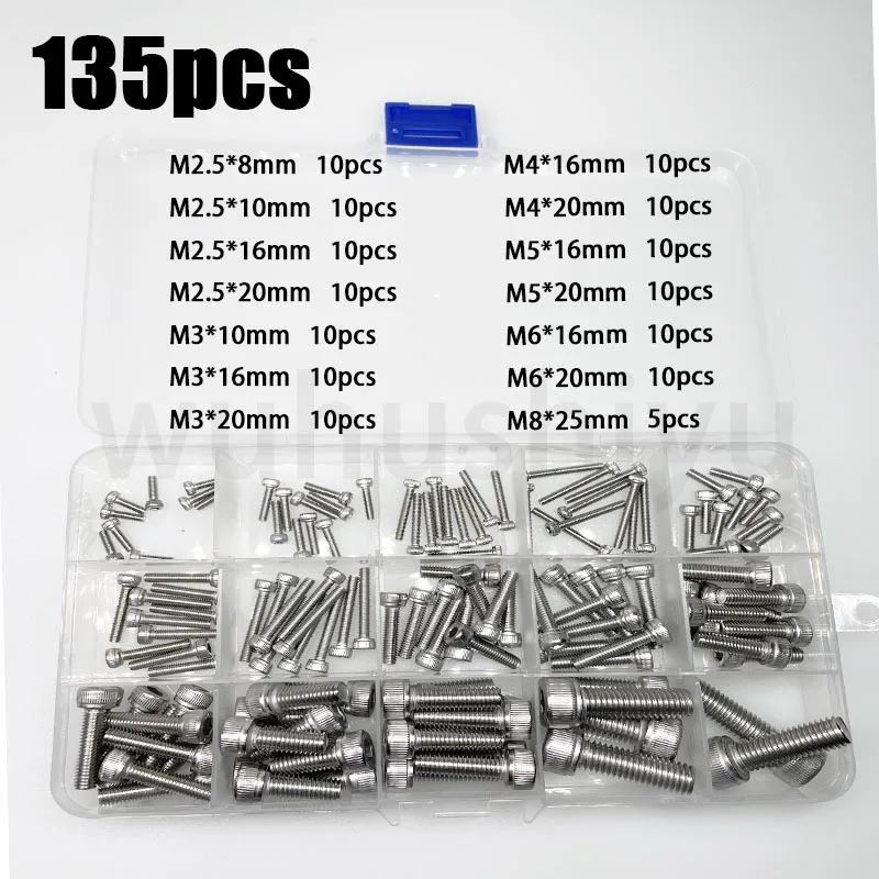 

135/210/180/110/75PCS 304 Stainless Steel Allen Hexagon Hex Socket Cap Head Screw Bolt and Nut Set M2 M2.5 M3 M4 M5 M6 M8 Kit