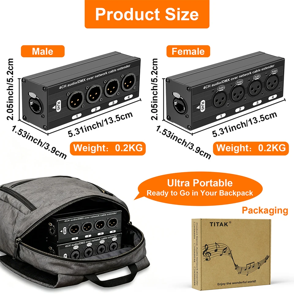 RJ45 Cat5 Cat6 to 4 Channel 3Pin XLR DMX Audio Extender Audio