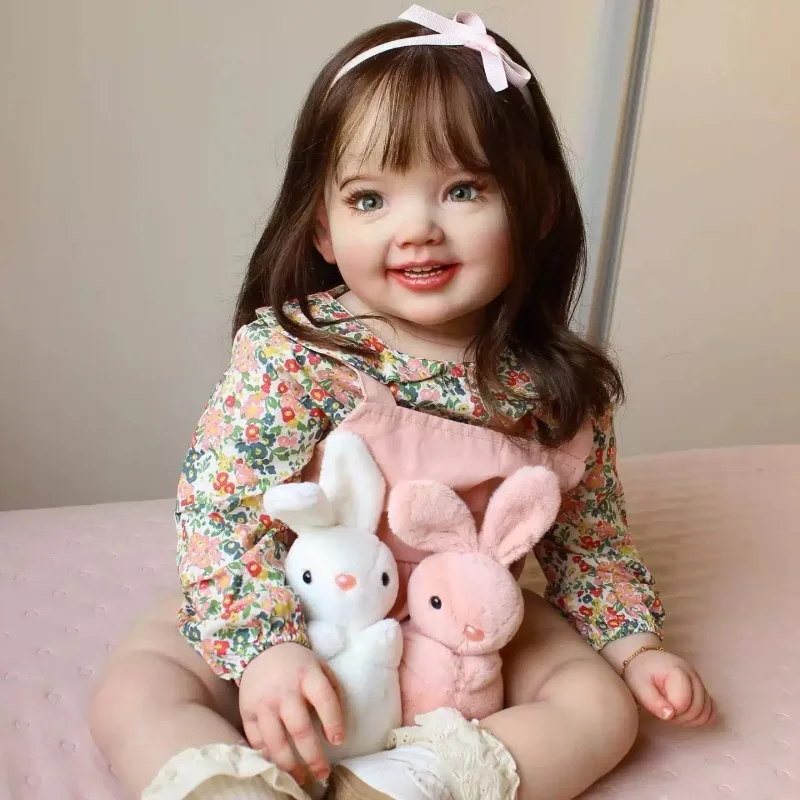 Handmade 70cm Big Size Reborn Girl Doll Smiling Big Eyes Soft Vinyl Newborn Toy with Pink Pinafore Outfit Collectible Gift