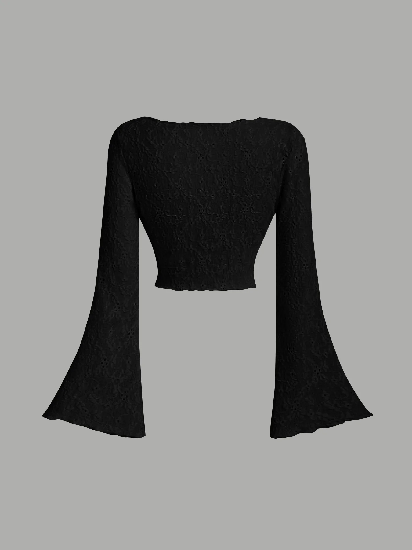 Women Eyelet Lace Flare Sleeve Crop Cardigan Front Tie V Neck Scalloped Edge Solid Black Summer Cover Up Shrug Top