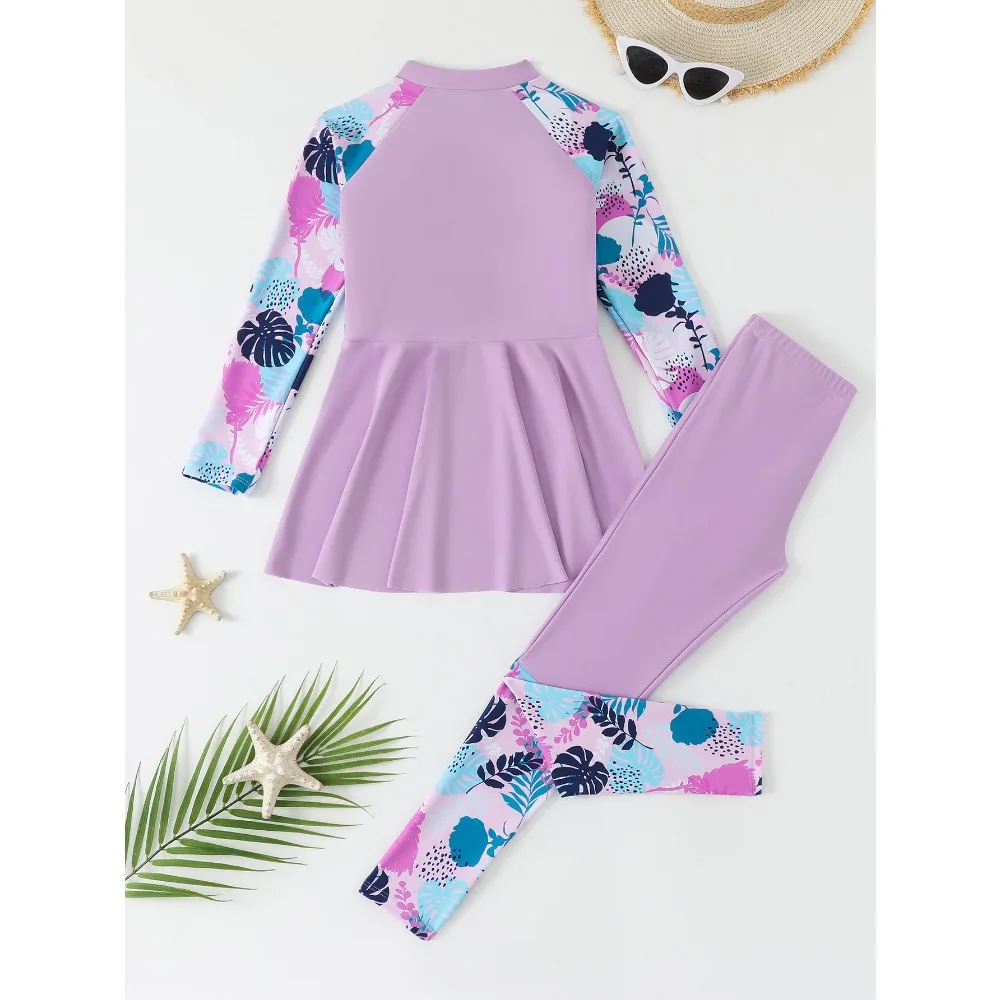 Skirts for Girls of Age 12 Muslim Swimsuit for Kids 2 Pieces Burkini Arabic Swimwear Long Sleeve Bathing Suits Floral Beachwear