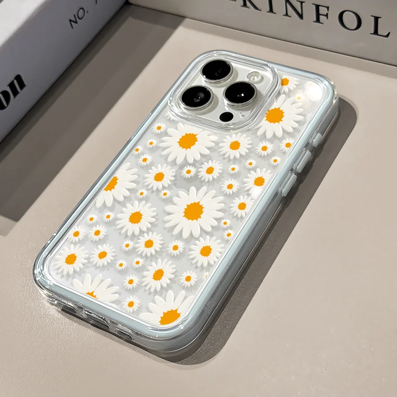 Creative White Daisy Flowers 2 in 1 Cute Phone Case For iPhone 16 15 14 13 12 11 Pro Max Plus Y2K Versatile Exquisite Cover ﻿