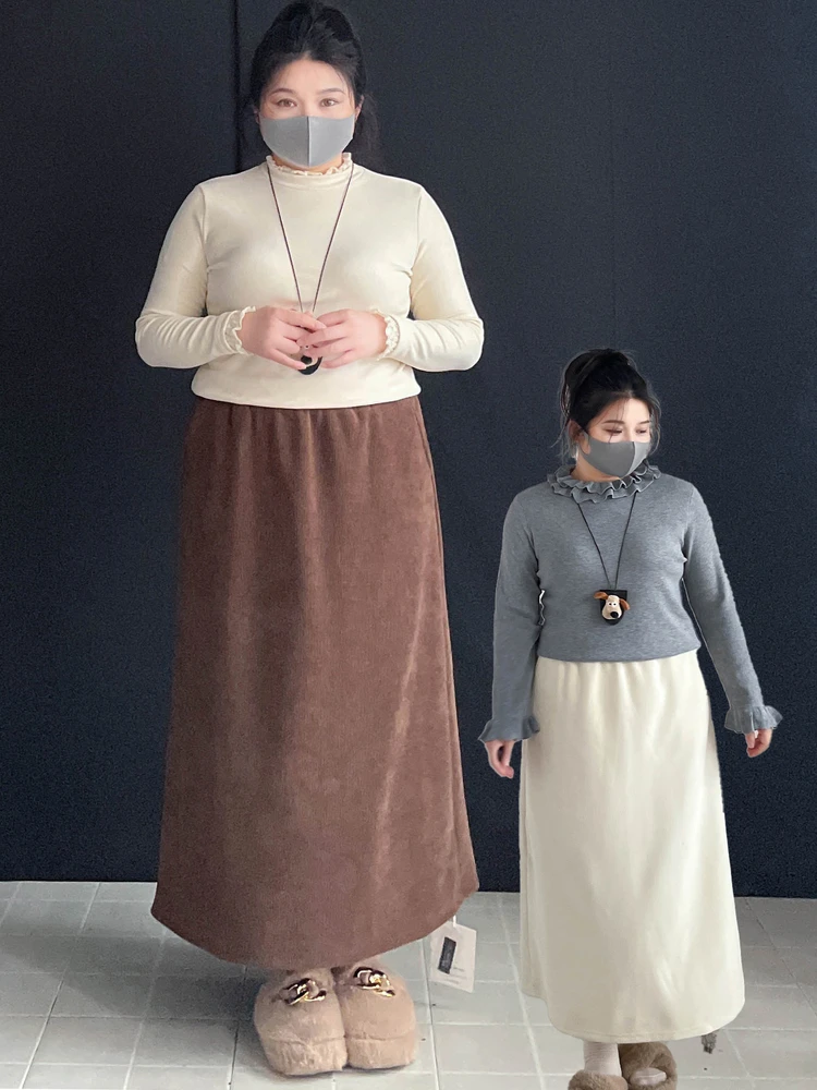 Falda larga de talla grande con forro polar, estilo A, que disimula la cadera y el vientre, para mujeres de talla grande con forma de pera.