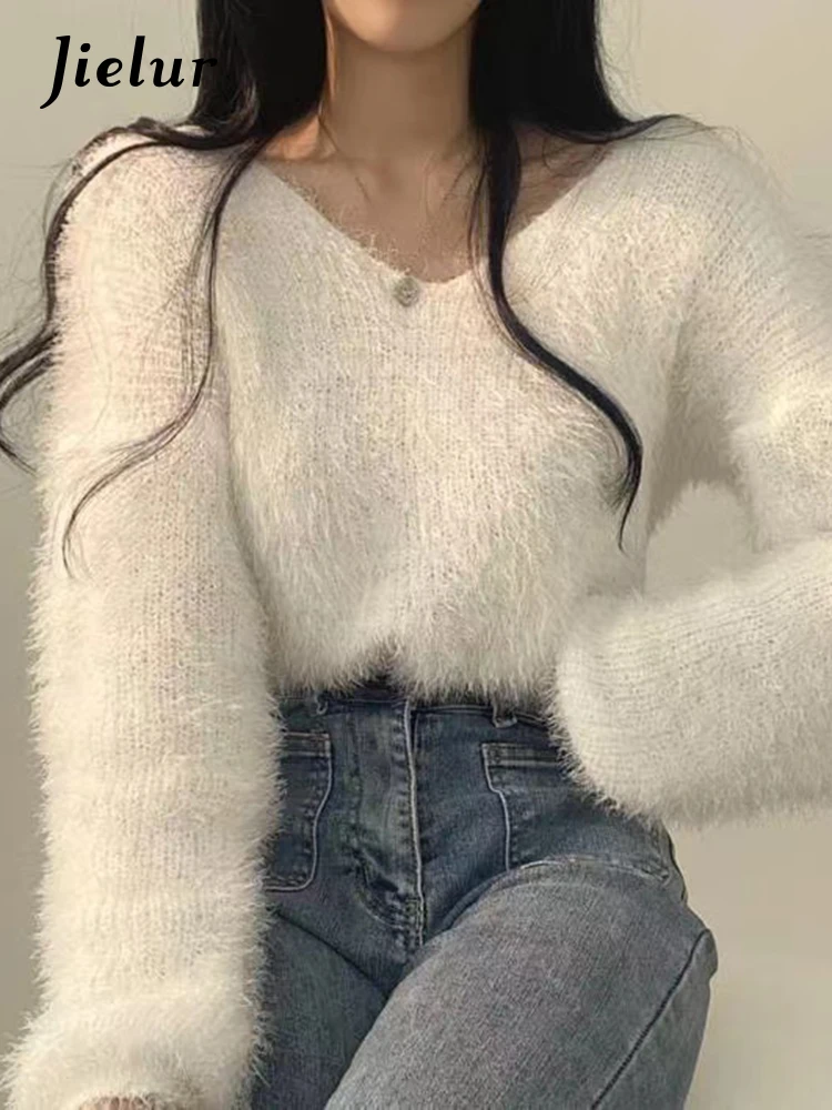 Jielur Korean INS Solid Color Pullovers Woman Sweet Ladies Casual Loose Knitted Women Pullovers White Black Pink Grey Sweaters