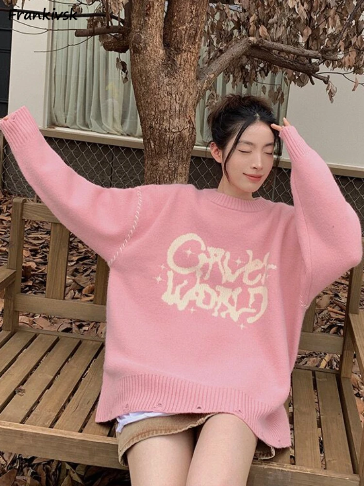 Baggyเสื้อกันหนาวผู้หญิงฤดูใบไม้ร่วงตัวอักษรความงามAll-MatchเกาหลีPreppyสไตล์ถักอ่อนเยาว์ยอดนิยมHipsterอารมณ์O-คอ