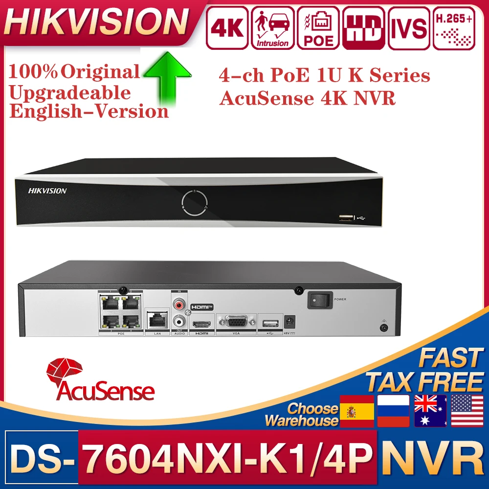 

Original Hikvision DS-7604NXI-K1/4P 4-ch PoE 1U K Series AcuSense 4K NVR for IP Camera CCTV System