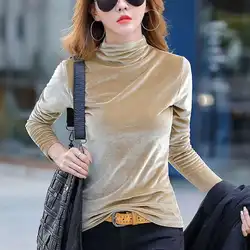 #0301 Spring Autumn Velvet T Shirt Women Half High Collar Basic T Shirt Femme Slim Long Sleeve T-shirts S-4XL Women's Tee Shirt