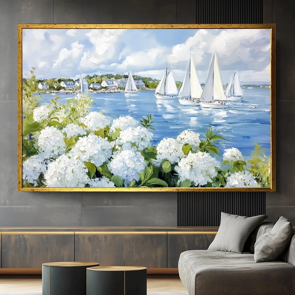 Nantucket sailboats print Postersa– white hydrangeas coastal wall art – coastal village painting, home living room decor, no fra